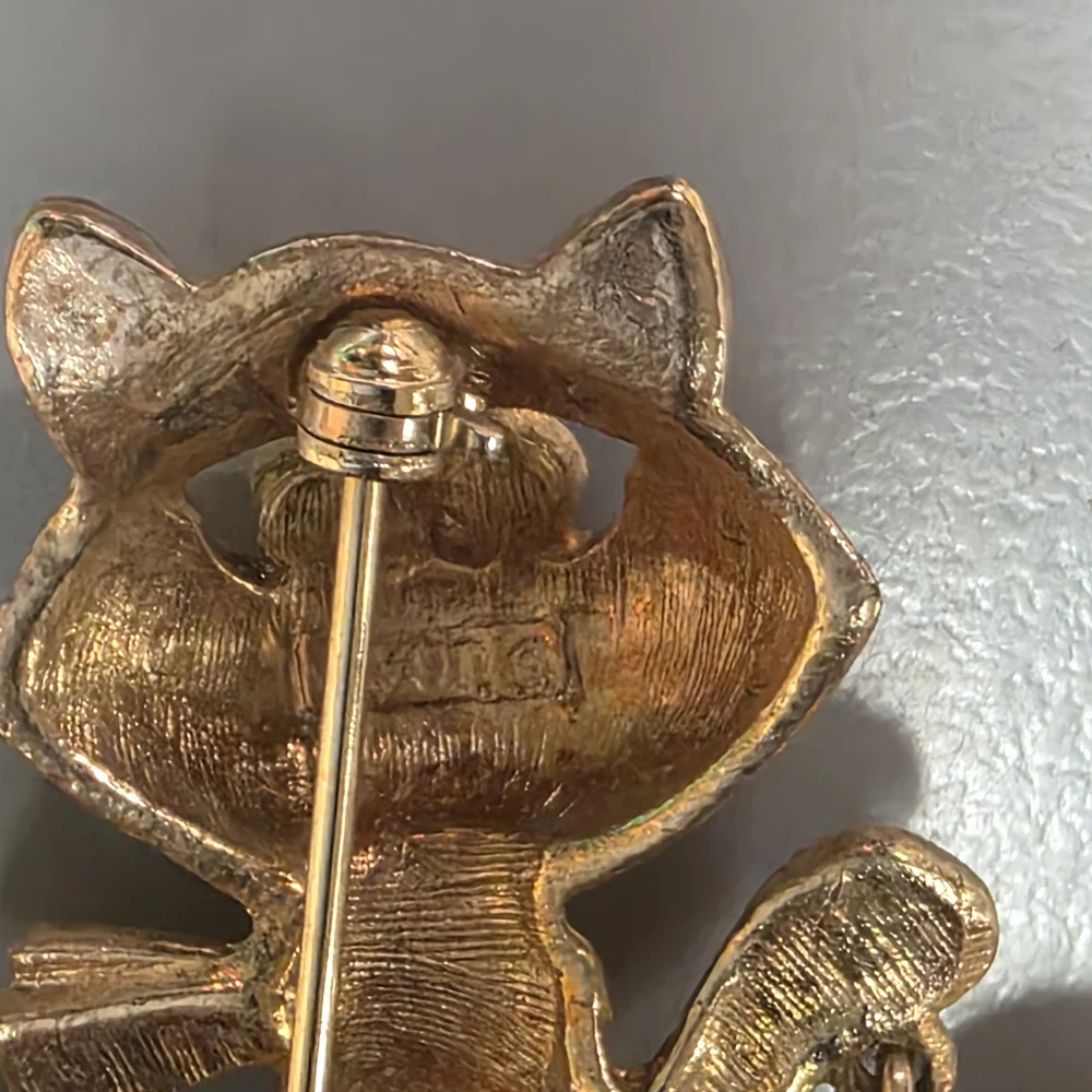 Gold Cat Brooch with Blue Accents